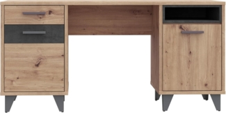 FORTE Raven Schreibtisch mit 1 Schublade und 2 Türen, Holzwerkstoff, Betonoptik Dunkelgrau/Artisan Eiche, B x H x T: 150 x 74 x 60 cm