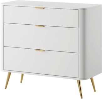 Selsey Weiße Kommode mit Schubladen 84 x 93 x 38 cm - 3 Große Schubladen - Ovales Design mit Goldfarbenen Metallfüßen - Abgerundete Kanten - Laminierte Platte Perlweiss - Wohnzimmer/Schlafzimmer