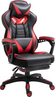 Vinsetto Ergonomischer Bürostuhl, Gaming Stuhl, Drehstuhl mit einziehbare Fußstütze und Verstellbarer Rücken Schaumstoff+PU-Leder+Metall, Schwarz+Rot, 65 x 70 x 118,5-128,5 cm