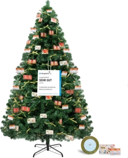 COMHOMA Künstlicher Weihnachtsbaum Weihnachtsdeko 195cm PVC Material mit 1000+ Spitzen Thickened Branches, mit dekorativen Schleifen & Grußkarten, stabiler Metallständer