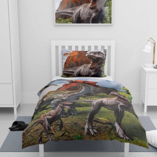Dinosaurier Kinderbettwäsche Set für Jungen 135x200 80x80 cm mit Dinos T-Rex, Triceratops u. a. aus 100% Baumwolle