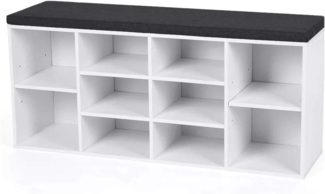 BAKAJI Bank Schuhregal für Haus, Mehrzweck, 10 Ablagen aus Holz, Melamin, Bücherregal mit Kissen aus Kunstleder, Größe 104 x 29,5 x 49 cm (Weiß)