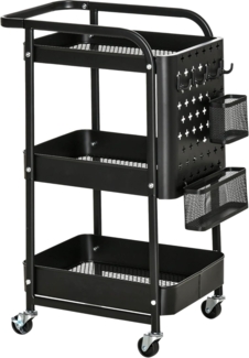 HOMCOM Servierwagen Küchenwagen mit 3 Ebenen, Rollen, Griff, (Rollwagen mit Haken und Korb, 1 St, Küchenregal), für Küche Büro Badezimmer, 51,5 x 32 x 75,6 cm, Schwarz
