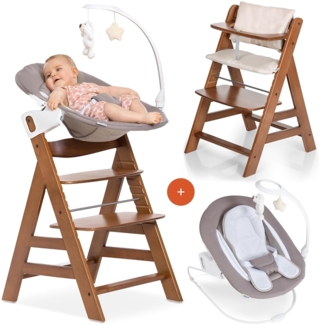 Hauck Alpha Plus Walnut Newborn Set Deluxe - Baby Holz Hochstuhl ab Geburt mit Liegefunktion - inkl. Aufsatz für Neugeborene & Sitzpolster - mitwachsend, verstellbar