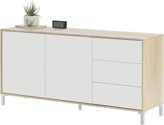 Sideboard mit zwei Türen und drei Schubladen, Eichenfarbe, 154 x 74 x 41 cm.