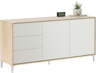 Sideboard mit zwei Türen und drei Schubladen, Eichenfarbe, 154 x 74 x 41 cm.