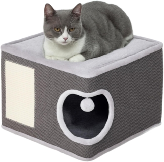 PawHut Kratztonne 35 cm hoch, mit Höhle, Spielball, aus Sisal, (Katzentonne, 1-tlg, Katzenbaum), für Katze bis 6 kg, Dunkelgrau+Cremeweiß