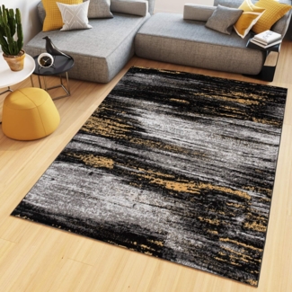 TAPISO Maya Teppich Kurzflor Modern Verwischt Meliert Streifen Design Schwarz Grau Gelb Weiß Wohnzimmer Schlafzimmer ÖKOTEX 160x230 cm