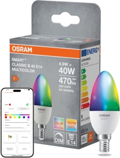 OSRAM SMART+ Matter LED-Lampe B40 Kerzenform 4.9W E14 RGBW, dimmbar, App- & Sprachsteuerung, kompatibel mit Alexa, Google, Apple, WiFi, White