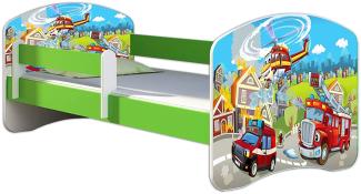 ACMA Kinderbett Jugendbett mit Einer Schublade und Matratze Grün mit Rausfallschutz Lattenrost II 140x70 160x80 180x80 (36 Feuerwehr, 140x70)