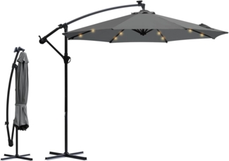 Sekey Ampelschirm mit LED-Beleuchtung, Kreuzständer & Kurbel, UV50+, Aluminium grau, Ø 300 cm