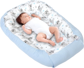 Medi Partners Babynest Kuschelnest Babynestchen 100% Baumwolle Waffle Nestchen Reisebett für Babys Säuglinge 100 x 60 x 15 cm Sicherer Verschluss (Teddybär mit hellblauen Waffle)