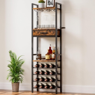 Yorbay Weinregal Vintage Design,Weinständer aus Holz& Metall für 16 Flaschen, 15 Gläser Weinregal mit Ablagefläche und Schublade, für Küche, Wohnzimmer oder als Geschenk