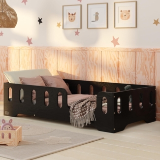 smartwood Kinderbett Bodenbett 80x180 mit Rausfallschutz & Lattenrost - Schwarz - Kinder Montessori Bett TILA 2P mit glatten Kanten - Betten für schnelle Montage - Bis 230 kg belastbar