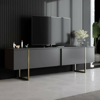 Dmora - Fernsehschrank Centaurus, Ständer für Wohnzimmerfernseher, Niedriges Wohnzimmer-Sideboard, TV-Ständerbasis, 180x30h50 cm, Anthrazit und Gold