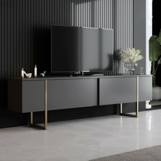 Dmora - Fernsehschrank Centaurus, Ständer für Wohnzimmerfernseher, Niedriges Wohnzimmer-Sideboard, TV-Ständerbasis, 180x30h50 cm, Anthrazit und Gold