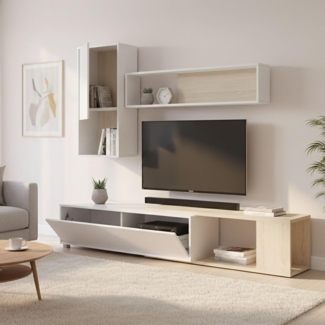 Dmora - Wohnwand Denali, modulares Eck-Wohnzimmerset, Multipositions-Wohnzimmermöbel, 230 x 41 x 180 cm, Weiß und Eiche