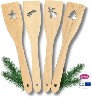homiez Pfannenwender 4-er Set Weihnachtsmotive Buchenholz 30 cm, BPA-frei