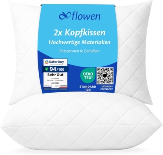 Flowen Kopfkissen 50x80 cm Kissen für Bett 50x80 2er Set Bettkissen Hypoallergene Anti-Milben Weiche Kissenfüllung mit Weicher Gesteppter Kopfkissenbezug 100% Polyester Schlafkissen