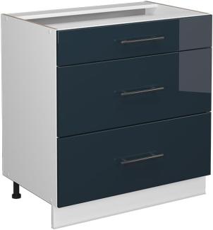 Vicco Küchenunterschrank Fame-Line, Dunkelblau Hochglanz/Weiß, 80 cm mit 3 Schubladen, AP Marmor