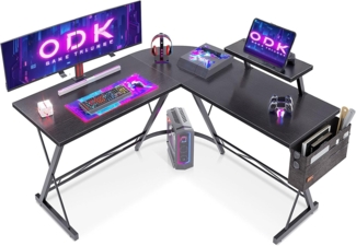 ODK L-förmiger Schreibtisch, Computertisch, Bürotisch mit runder Ecke, Gaming-Tisch mit Monitorablage, 127x127 cm, Schwarz