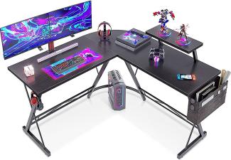 ODK L-förmiger Schreibtisch, Computertisch, Bürotisch mit runder Ecke, Gaming-Tisch mit Monitorablage, 127x127 cm, Schwarz