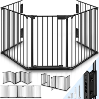 KIDUKU® Kaminschutzgitter mit Tür Metall 305 cm | Absperrgitter Ofenschutzgitter faltbar | Konfigurationsgitter inkl. 5 Elementen (Schwarz)