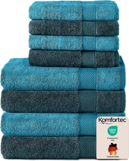 Komfortec 8er Handtuch Set aus 100% Baumwolle, 4 Badetücher 70x140 und 4 Handtücher 50x100 cm, Frottee, Weich,Groß, Türkis/Petrol
