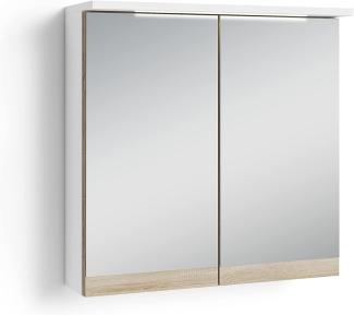 byLIVING Badezimmer Spiegelschrank Marino mit LED-Beleuchtung und Steckdose / Moderner, 2-türiger Spiegel Hängeschrank in schnee-weiß matt und Absetzung Sonoma Eiche / Wandschrank mit Spiegeltüren / B 60, H 60, T 20 cm