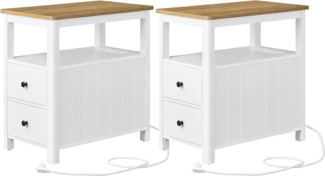 VASAGLE Beistelltisch, 2er Set, schmaler Nachttisch mit Steckdosenleiste, 2 Schubladen, Sofatisch, für kleine Räume, maritimer Stil, walnussbraun-weiß LCTDE649W01