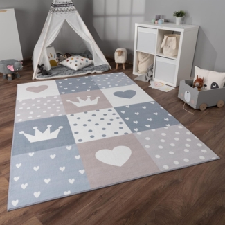 Paco Home Teppich Kinderzimmer Kinderteppich Spielteppich Kurzflor rutschfest Krone Herzen Punkte Sonne Regenbogen Buchstaben, Grösse:200x280 cm, Farbe:Beige