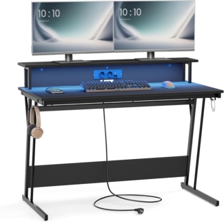 Vasagle Schreibtisch, Gaming Tisch mit eingebauter Steckdosenleiste, Computertisch, mit Monitorständer für 2 Monitore, Schlafzimmer, 60 x 120 x 76 cm, rußschwarz LWDDE192B02