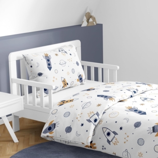 MTOnlinehandel Babybettwäsche Space Rakete • 100x135 + 40x60 cm • Planeten • Sterne, 100% Baumwolle, 2 teilig, Renforcé • Planeten • Weltall • Blau • Weiß • Beige