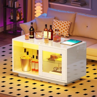 YITAHOME Couchtisch Weiß, Wohnzimmertisch Hochglanz mit LED Beleuchtung Modern, Beistelltisch Weiss mit Offenem Verstellbare Ausstellungsregal, 80 x 40 x 45 cm