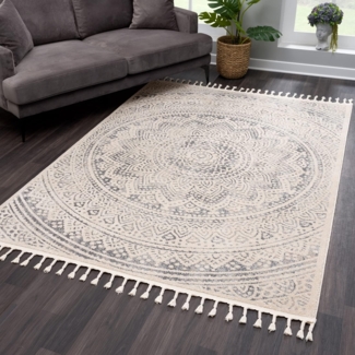 Teppich Wohnzimmer Mandala mit Fransen Deko Boho - Beige Grau – 160x230 cm - Kurzflor Schlafzimmer Flur Dekoration Läufer - Orientalische Teppiche