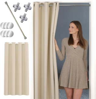 tinycurtains Türvorhang mit Stange silber 55-90 cm ohne Bohren, Thermo Vorhang Tür, Ösen, abdunkelnd, Polyester, blickdicht, beige Driftwood, Türgardine mit Klemmstange verdunkelnd