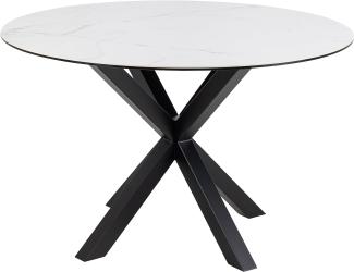 AC Design Furniture Heather Runder Esstisch für 4 Personen, Tischplatte in Weißer Marmoroptik und Metallkreuzgestell, Küchentisch mit Keramikoberfläche, Hitzebeständig, Kratzfest, Ø: 119 x H: 75,5 cm