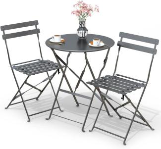 VOUNOT Bistroset 3-teilig, Klappbar Bistrotisch mit 2 Stühlen, Gartenmöbel Set Balkonset Gartengarnitur, Sitzgruppe Metall, Bistro Set Outdoor, Grau