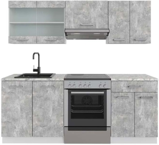 Vicco Küchenzeile Küchenblock Einbauküche R-Line 200 cm Küchenmöbel KüchenschränkeSpülenunterschrank Schubunterschrank Glas Hängeschrank (Weiß-Beton, mit Arbeitsplatten)