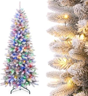 Yorbay Künstlicher Weihnachtsbaum Künstlicher Slim Tannenbaum aus PE und PVC, mit LED Beleuchtung, 180 / 210 cm auswählbar, mit Ständer, Schneeflocken, Schlankes Design, Weihnachtsbaum Christbaum für Weihnachten-Dekoration