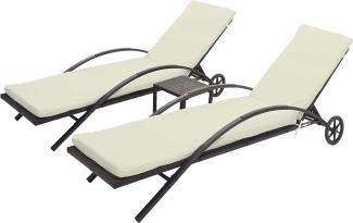 2er-Set Sonnenliege HWC-E27, Relaxliege Gartenliege, Poly-Rattan ~ braun, Kissen creme-beige