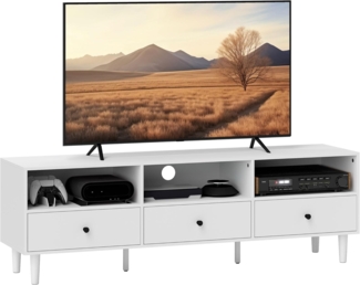 HOMCOM TV-Board TV Schrank mit Schubladen, 3 offenen Fächern (140 cm lang TV Kommode, 1 St, TV Lowboard mit Kabelmanagement), Fernsehtisch für Wohnzimmer Weiß 140 x 34 x 45 cm