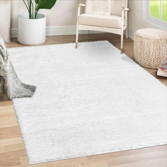 Teppich Wohnzimmer Hochflor Shaggy - 150x150cm - Weiß Einfarbig Uni Flauschig Modern Boho Deko Teppiche Weich Schlafzimmer