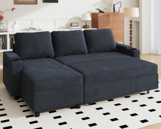 JUMMICO Schlafsofa mit Bettkasten L Form Sofa mit Schlaffunktion 3 Sitzer Couch klein Ecksofa Schlafcouch Ausziehbar Wohnlandschaft für Wohnung und Wohnzimmer Corduroy Blauschwarz