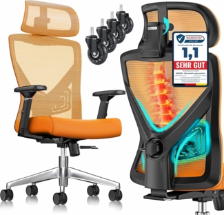 KESSER® Bürostuhl mit verstellbaren Armlehnen | Drehstuhl mit Lendenwirbelstütze Rückenschonend | Schreibtischstuhl ergonomisch mit Kopfstütze | Office Chair Wippfunktion bis 125° mit 5x Gummirollen Orange / Silber