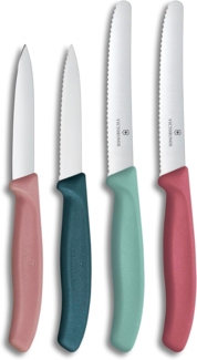 Victorinox Swiss Classic, Tomaten- und Gemüsemesser Set, 4teilig, Scharfe Klinge, 8 und 10 cm, Wellenschliff, Rostfreier Stahl, Grün und Rot