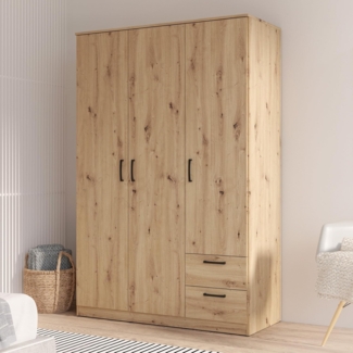 FORTE NIKO Kleiderschrank 122, Schrank im Scandi-Stil mit 3 Türen und 2 Schubladen, Holzwerkstoff, Artisan Eiche Dekor, 122 cm breit, 185 cm hoch, 52,7 cm tief