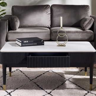 Julian Bowen Louis Couchtisch mit geriffelter Steinplatte und 2 Schubladen, Eschenholz, weißer Marmor/Schwarz, 110x65 cm