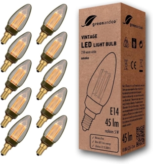 greenandco 10x LED Vintage Glühbirne zur Stimmungsbeleuchtung | E14 C35 | smoke | 2W 45lm | 1800K extra warmweiß | 320° | 230V | flimmerfrei | nicht dimmbar | Edison Glühbirne