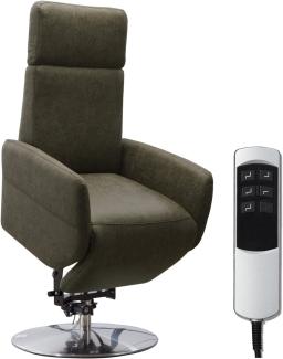 Cavadore TV-Sessel Cobra mit 2 E-Motoren und Aufstehhilfe / Elektrisch verstellbarer Fernsehsessel mit Fernbedienung / Relaxfunktion, Liegefunktion / bis 130 kg / S: 71 x 108 x 82 / Lederoptik Olive